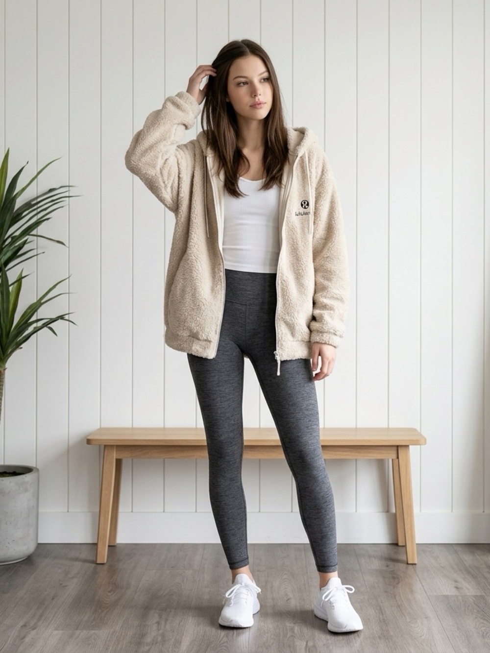 Cozy Zip-Up Fleeced  Hoodie Jacket in Beige